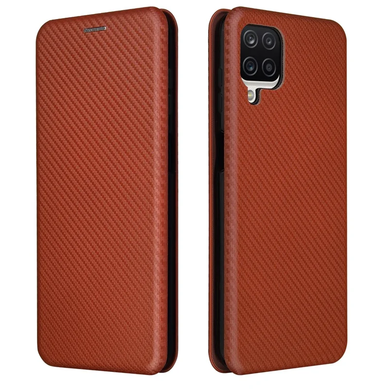 Auto-absorbed Carbon Fiber Leather Case with Card Holder and Ring Strap for Samsung Galaxy A12/M12 - Brown
