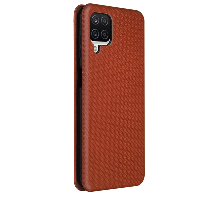 Auto-absorbed Carbon Fiber Leather Case with Card Holder and Ring Strap for Samsung Galaxy A12/M12 - Brown