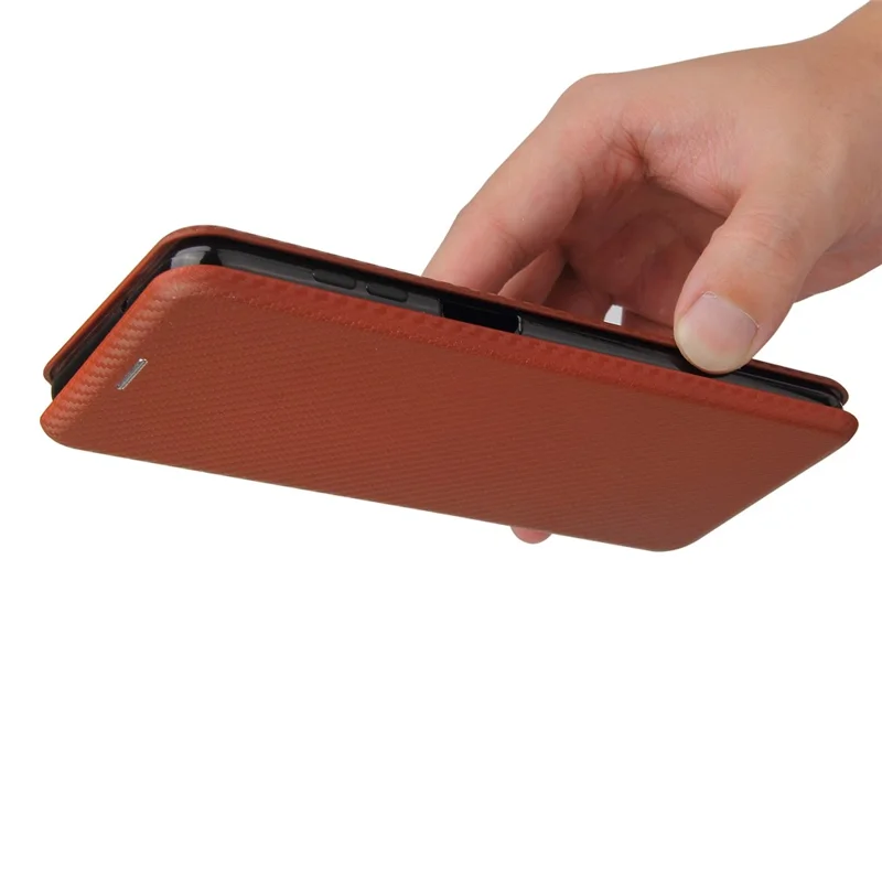 Auto-absorbed Carbon Fiber Leather Case with Card Holder and Ring Strap for Samsung Galaxy A12/M12 - Brown