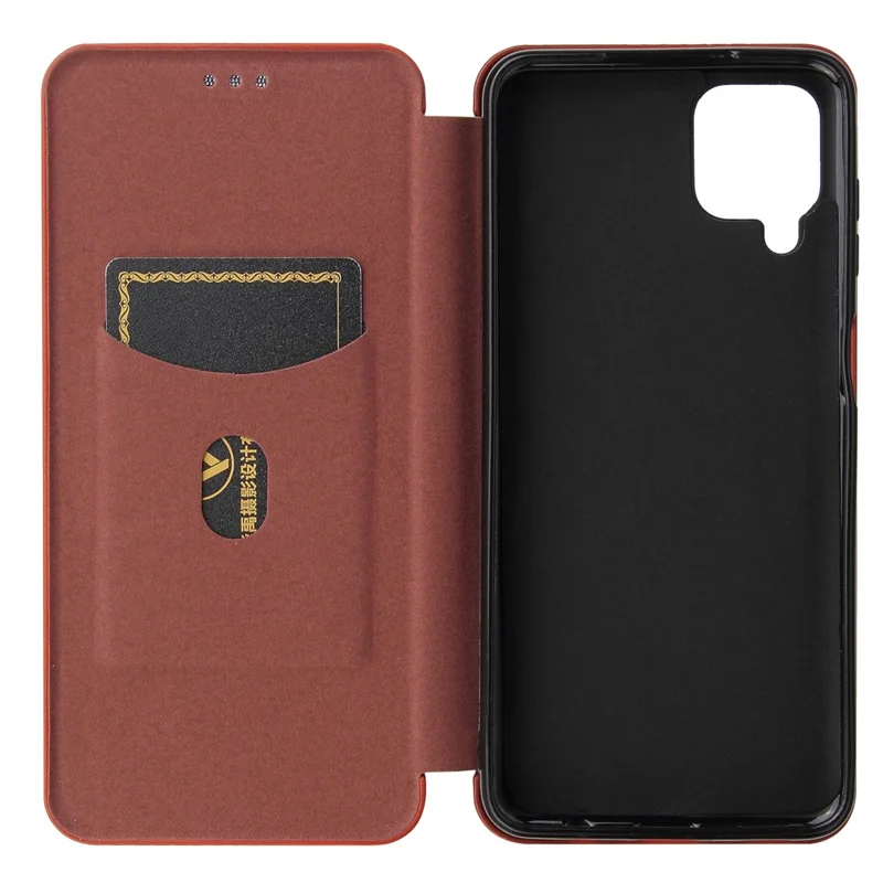 Auto-absorbed Carbon Fiber Leather Case with Card Holder and Ring Strap for Samsung Galaxy A12/M12 - Brown
