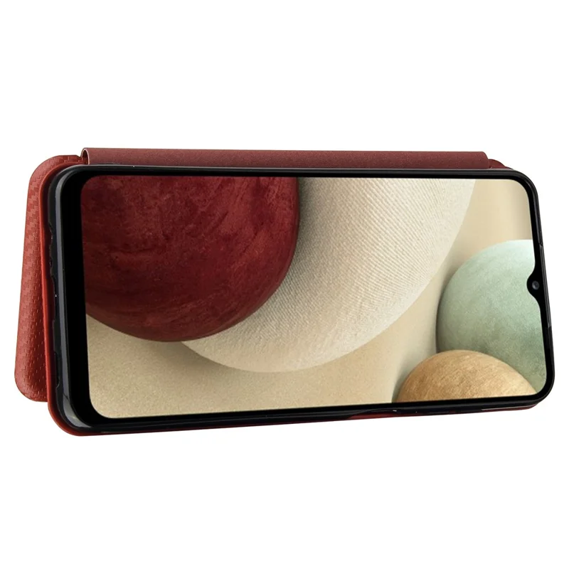 Auto-absorbed Carbon Fiber Leather Case with Card Holder and Ring Strap for Samsung Galaxy A12/M12 - Brown