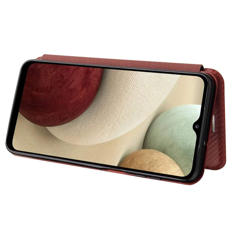 Auto-absorbed Carbon Fiber Leather Case with Card Holder and Ring Strap for Samsung Galaxy A12/M12 - Brown