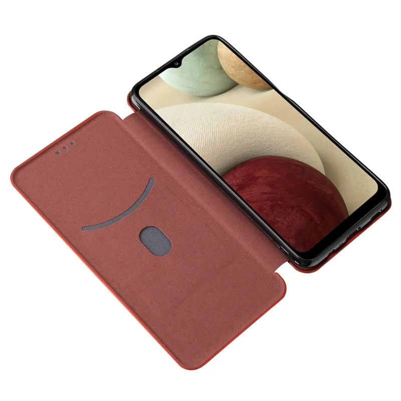 Auto-absorbed Carbon Fiber Leather Case with Card Holder and Ring Strap for Samsung Galaxy A12/M12 - Brown