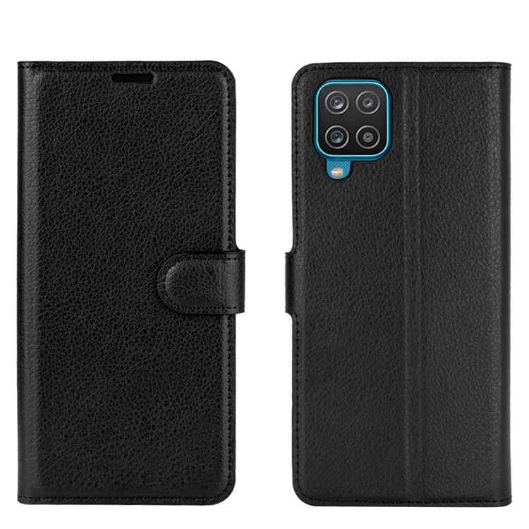 Wallet Stand Litchi Texture Phone Protective Shell for Samsung Galaxy A12 / M12 Multi-Color Surface Cell Phone Accessory - Black