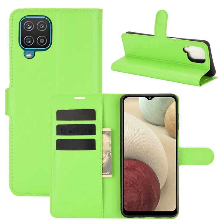 Wallet Stand Litchi Texture Phone Protective Shell for Samsung Galaxy A12 / M12 Multi-Color Surface Cell Phone Accessory - Green