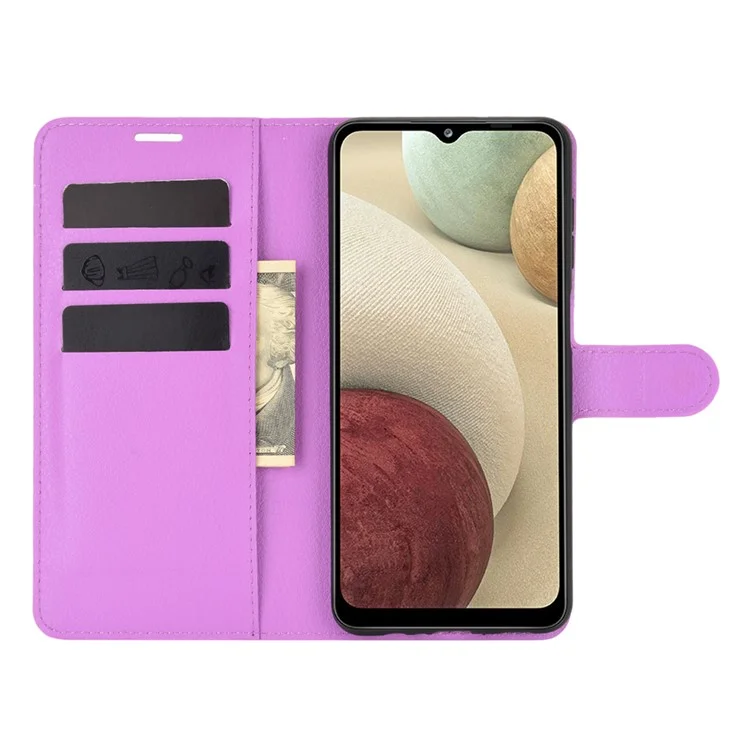 Wallet Stand Litchi Texture Phone Protective Shell for Samsung Galaxy A12 / M12 Multi-Color Surface Cell Phone Accessory - Purple