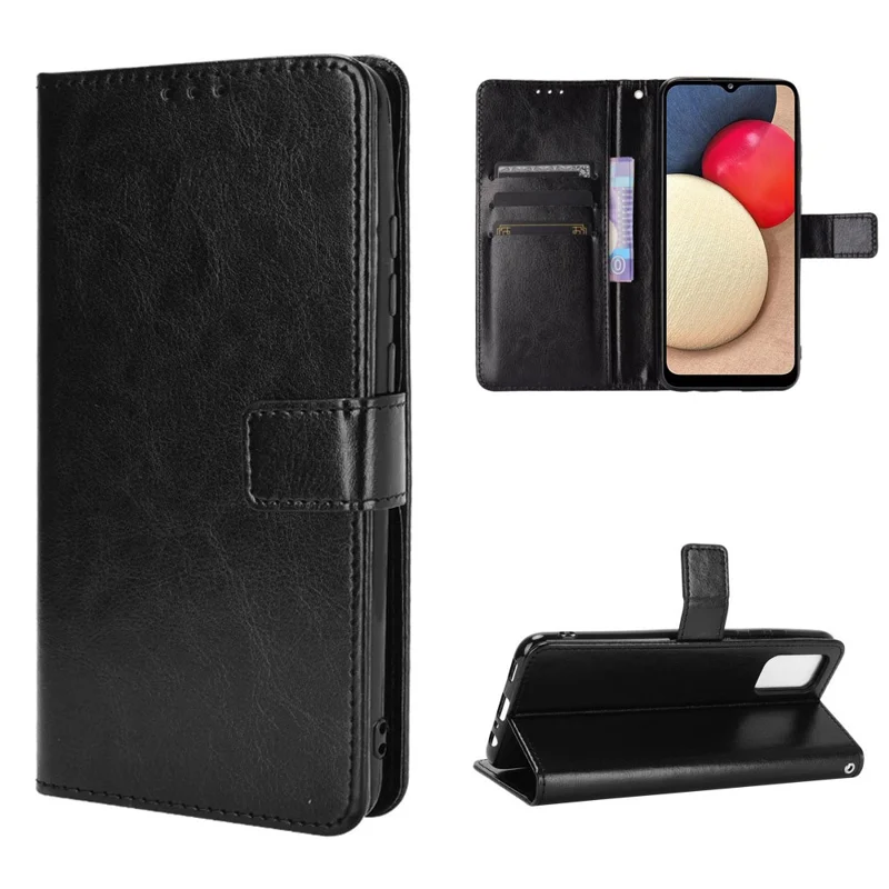 Crazy Horse-struktur, plånbok, ställ, läder, mobilskal till Samsung Galaxy A02s (166,5 mm) – Svart