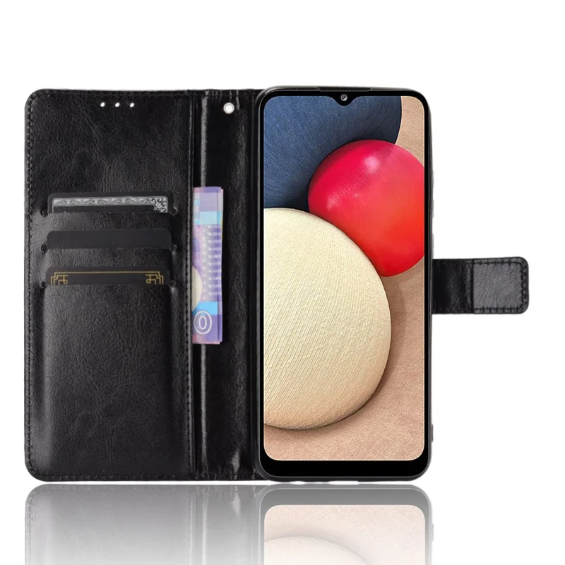 Crazy Horse-struktur, plånbok, ställ, läder, mobilskal till Samsung Galaxy A02s (166,5 mm) – Svart