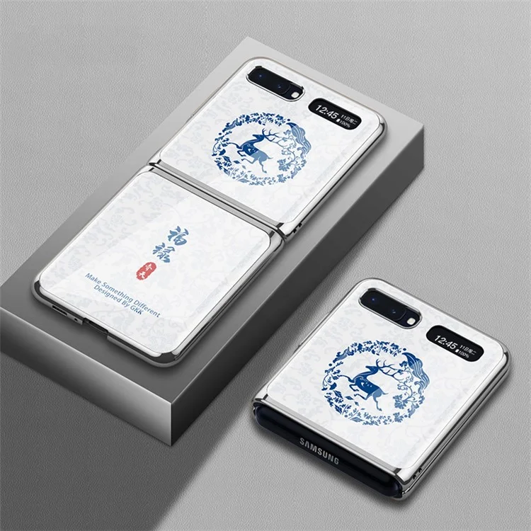 GKK Pour Samsung Galaxy Z Flip Colored Drawing Metal + Temperred Glass Phone Coot Hybrid Couvercle - Blanc / Argent / Cerf