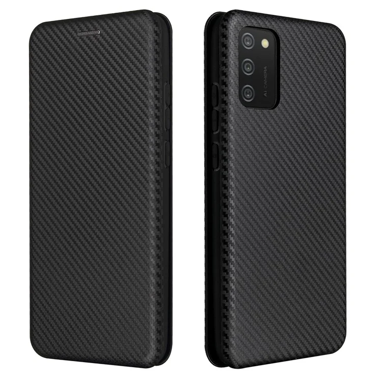 Carbon Fiber Texture Leather Case Auto-absorbed Stand Cover for Samsung Galaxy A02s (166.5x75.9x9.2mm) - Black
