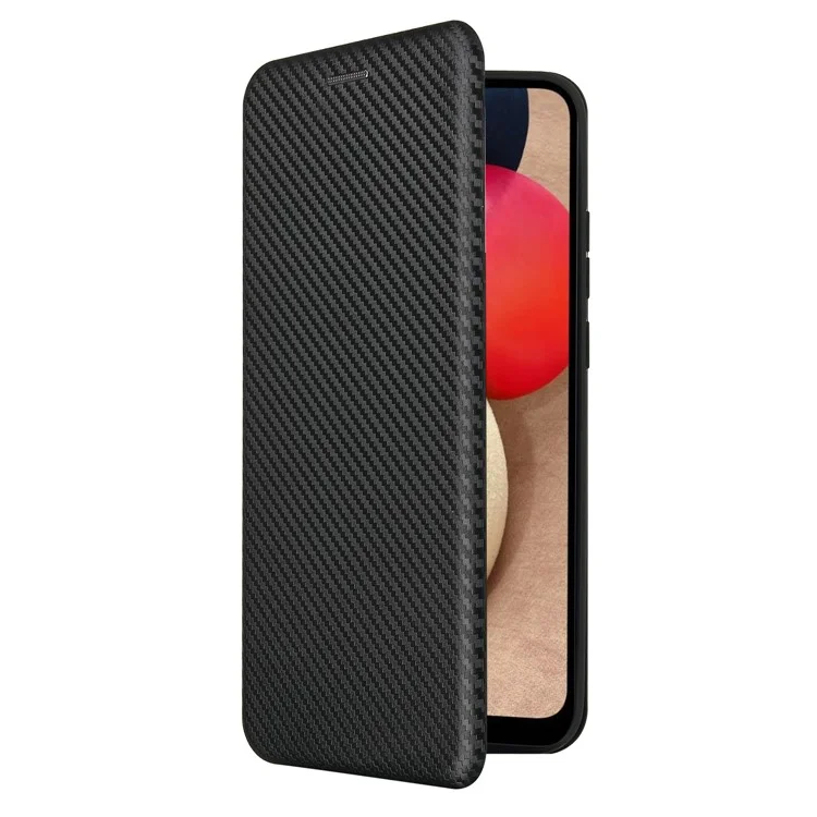 Carbon Fiber Texture Leather Case Auto-absorbed Stand Cover for Samsung Galaxy A02s (166.5x75.9x9.2mm) - Black