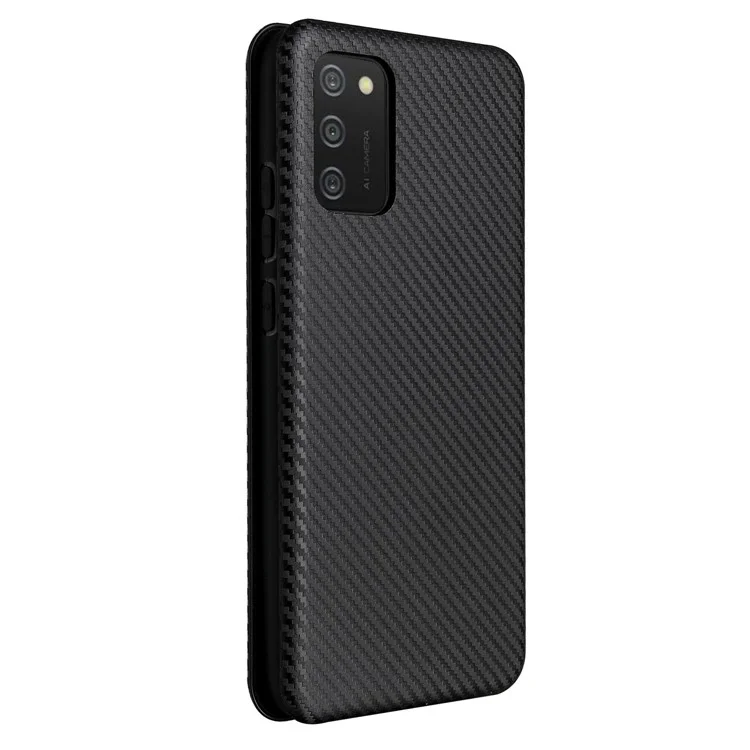 Carbon Fiber Texture Leather Case Auto-absorbed Stand Cover for Samsung Galaxy A02s (166.5x75.9x9.2mm) - Black