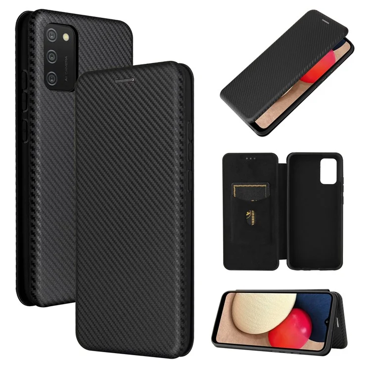 Carbon Fiber Texture Leather Case Auto-absorbed Stand Cover for Samsung Galaxy A02s (166.5x75.9x9.2mm) - Black