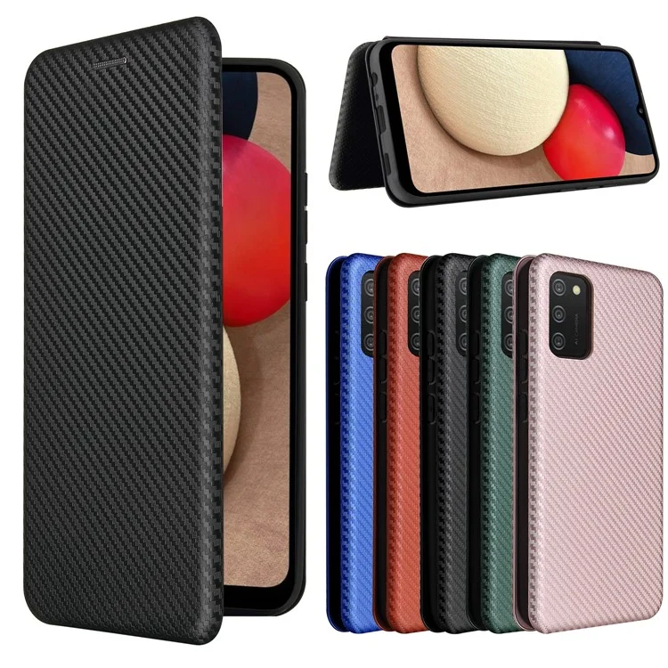 Carbon Fiber Texture Leather Case Auto-absorbed Stand Cover for Samsung Galaxy A02s (166.5x75.9x9.2mm) - Black