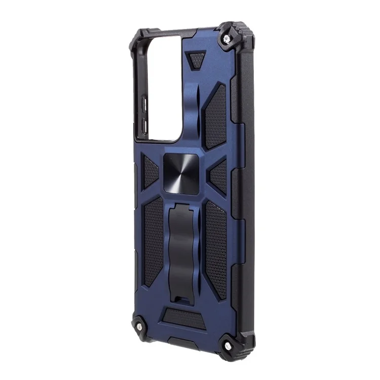 Quality PC+TPU with Kickstand Magnetic Metal Sheet Anti-drop Cover for Samsung Galaxy S21 Ultra 5G - Dark Blue