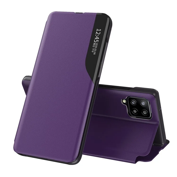 Exibir a Janela Flip Leather Shell Stand Dobrável Phone Stand Caso Caso Para Samsung Galaxy A12 - Roxo