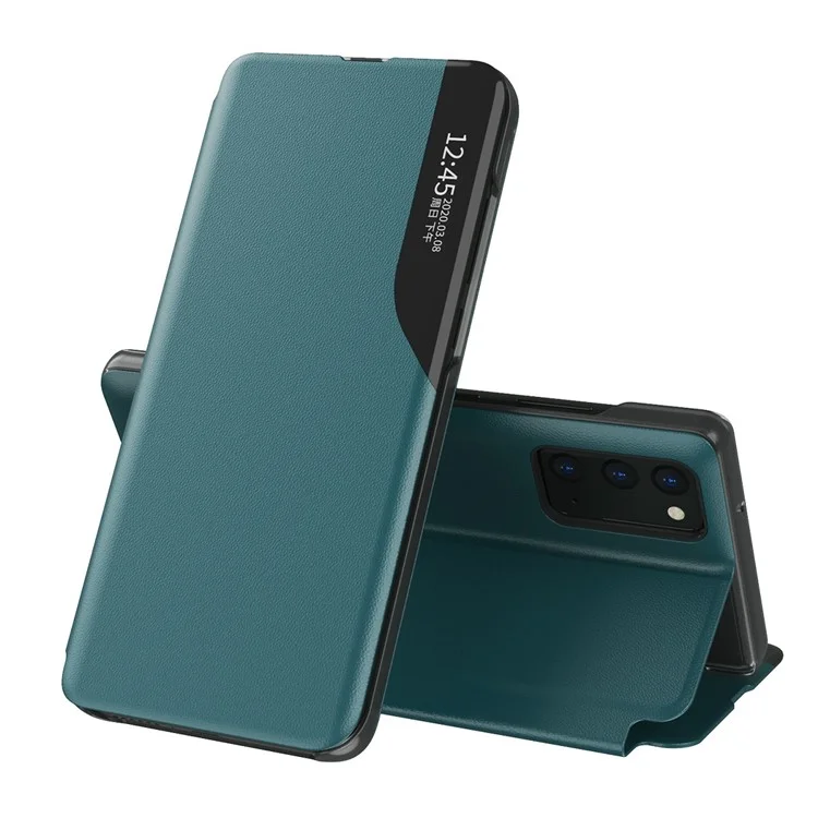 Многоцветный Вид Окна Кожи Кожаный Телефон Flip Stand Case Auto-поглощенная Крышка Для Samsung Galaxy A32 5G / M32 5G - Зеленый