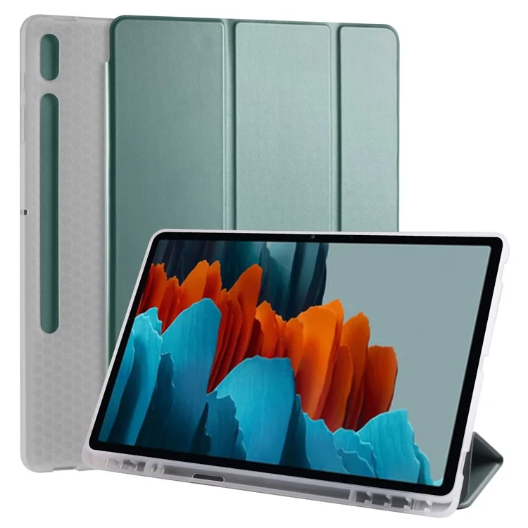 Tri-fold Stand Leather Smart Case with Pen Slot for Samsung Galaxy Tab S7+ - Green