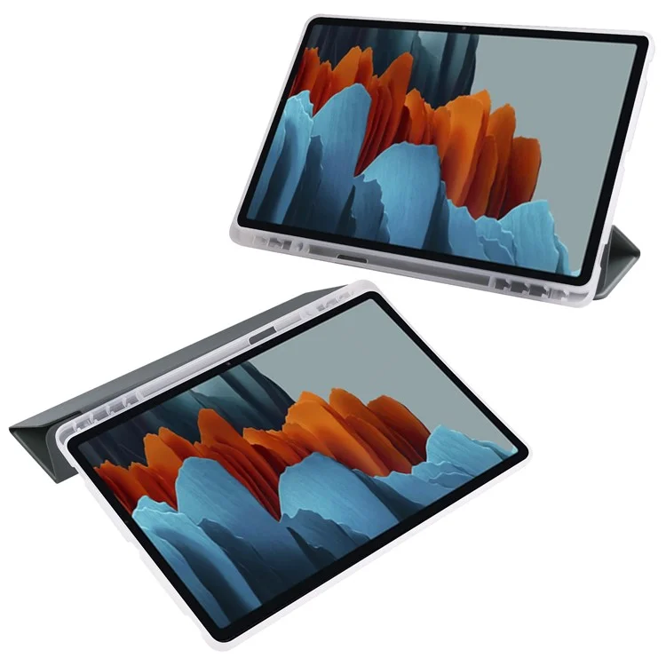 Tri-fold Stand Leather Smart Case with Pen Slot for Samsung Galaxy Tab S7+ - Green