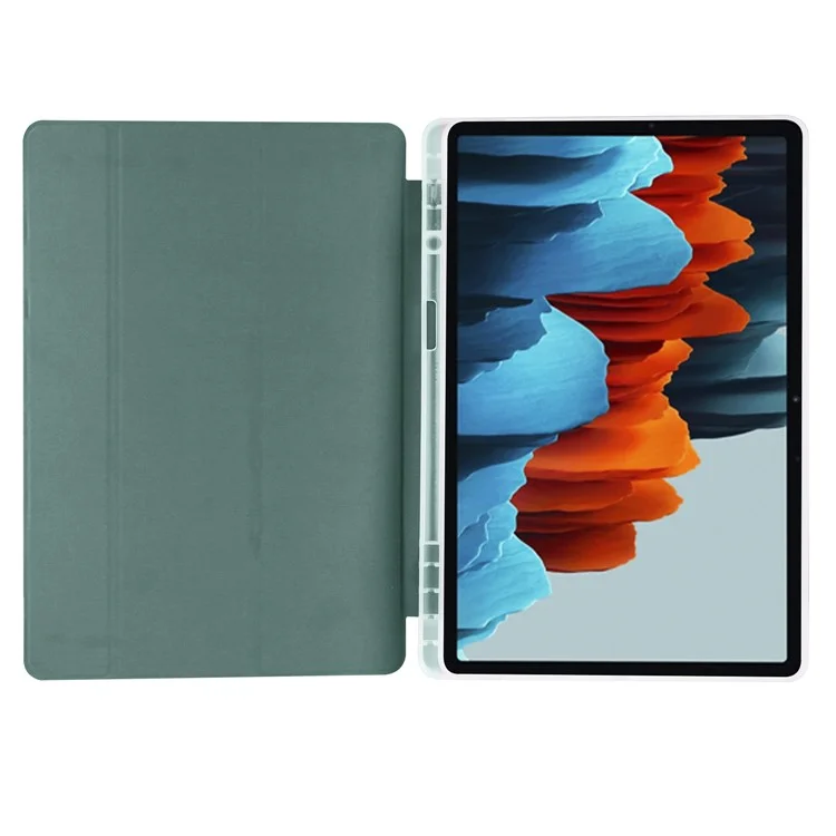 Tri-fold Stand Leather Smart Case with Pen Slot for Samsung Galaxy Tab S7+ - Green