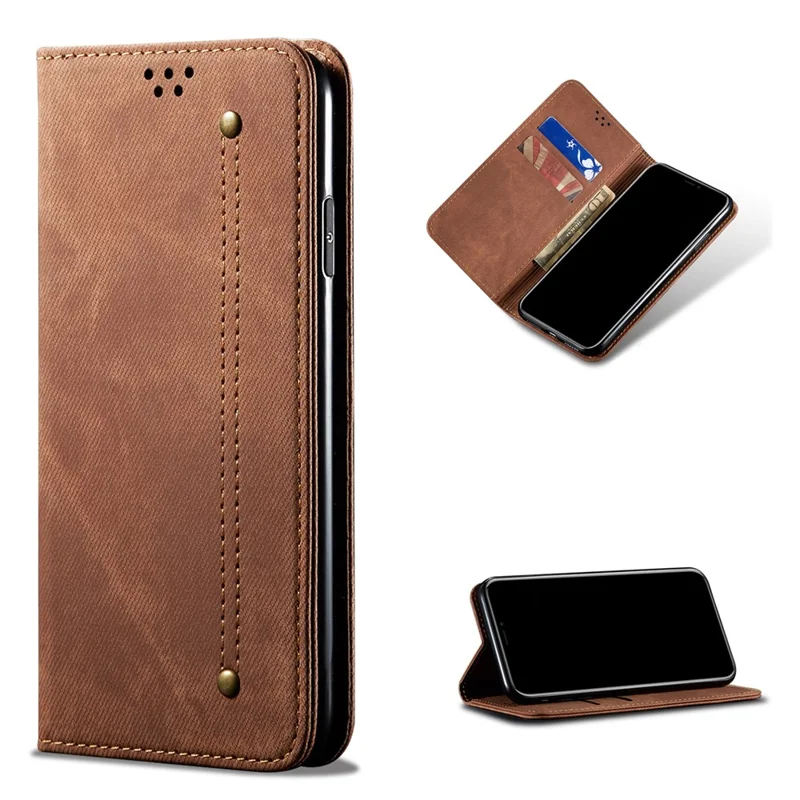 Jeans Cloth Texture Leather Case for Samsung Galaxy S21 Ultra 5G Wallet Stand Phone Cover - Brown