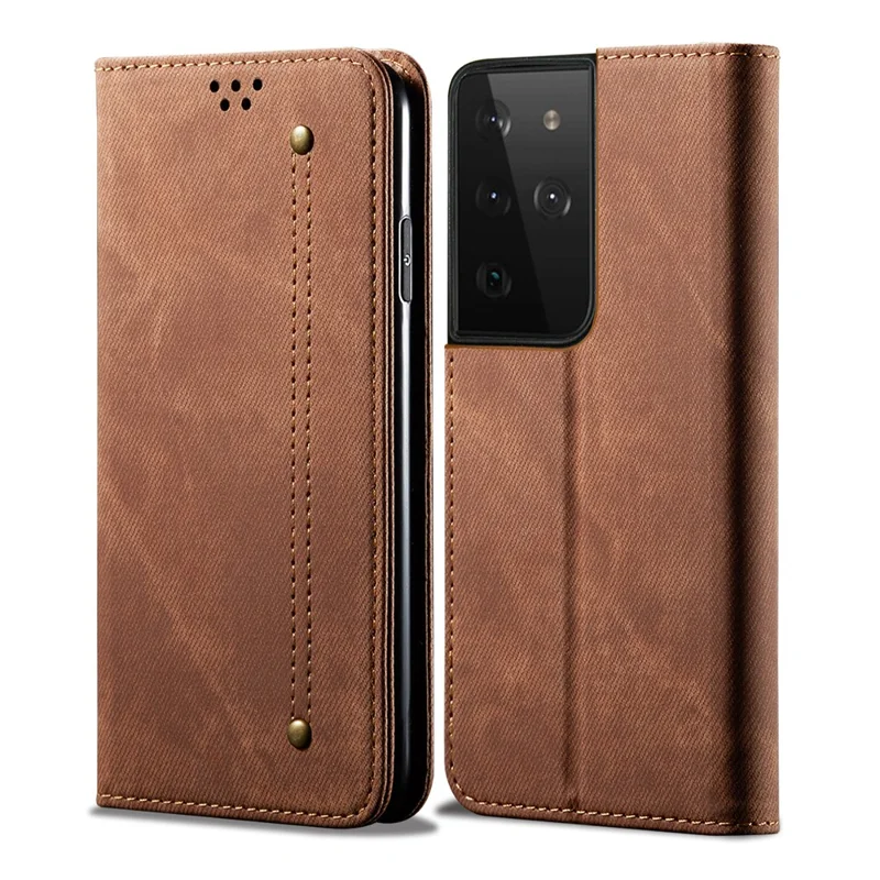 Jeans Cloth Texture Leather Case for Samsung Galaxy S21 Ultra 5G Wallet Stand Phone Cover - Brown