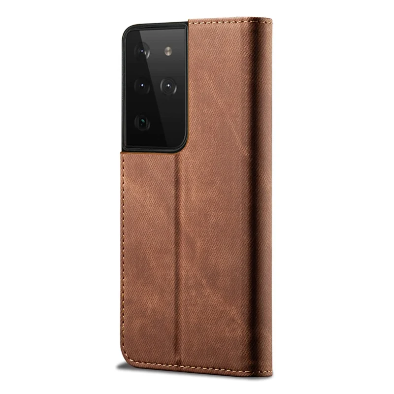 Jeans Cloth Texture Leather Case for Samsung Galaxy S21 Ultra 5G Wallet Stand Phone Cover - Brown