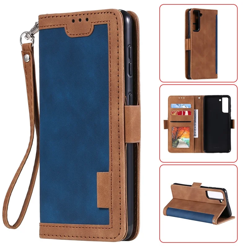 Retro Style Splicing Leather Cover for Samsung Galaxy S21 4G/5G Wallet Case - Blue