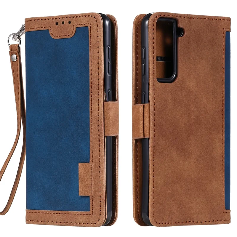 Retro Style Splicing Leather Cover for Samsung Galaxy S21 4G/5G Wallet Case - Blue