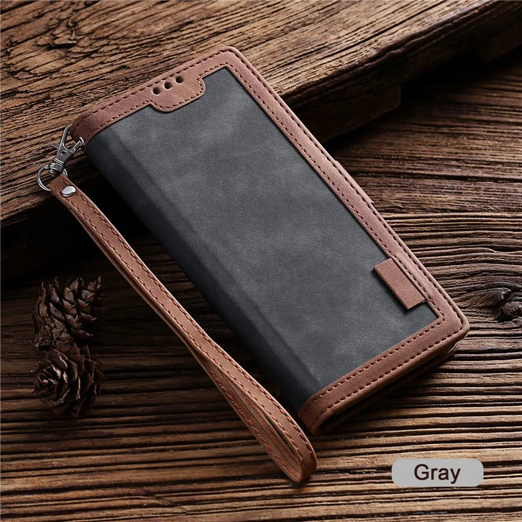 Cubierta de Cuero de Empalme de Estilo Retro Para Samsung Galaxy S21 Ultra 5G Stand Case Con Cordón - Gris