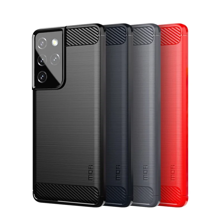 Funda de teléfono móvil MOFI con textura de fibra de carbono y acabado cepillado de TPU para Samsung Galaxy S21 Ultra 5G - Negro