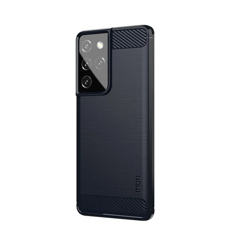 MOFI Carbon Fiber Texture Brushed TPU Back Mobile Phone Case for Samsung Galaxy S21 Ultra 5G - Dark Blue