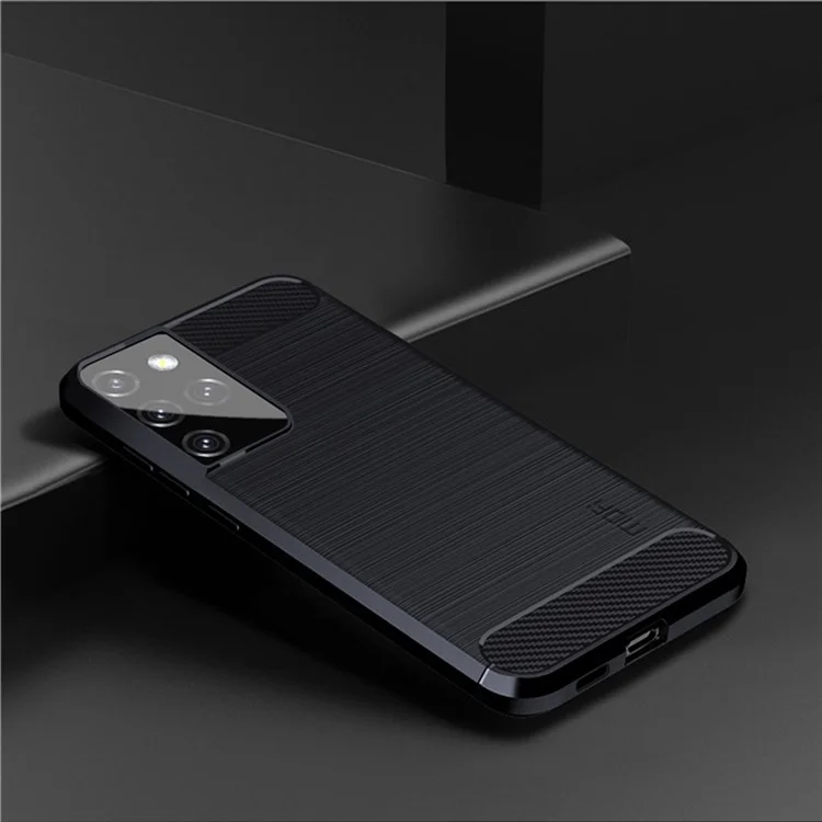 MOFI Carbon Fiber Texture Brushed TPU Back Mobile Phone Case for Samsung Galaxy S21 Ultra 5G - Dark Blue