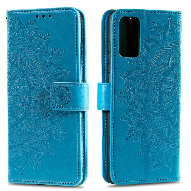 Caixa de Couro da Carteira de Flor Mandala Impressa Com Alça Para o Samsung Galaxy A02s (164.2x75.9x9.1mm) - Azul