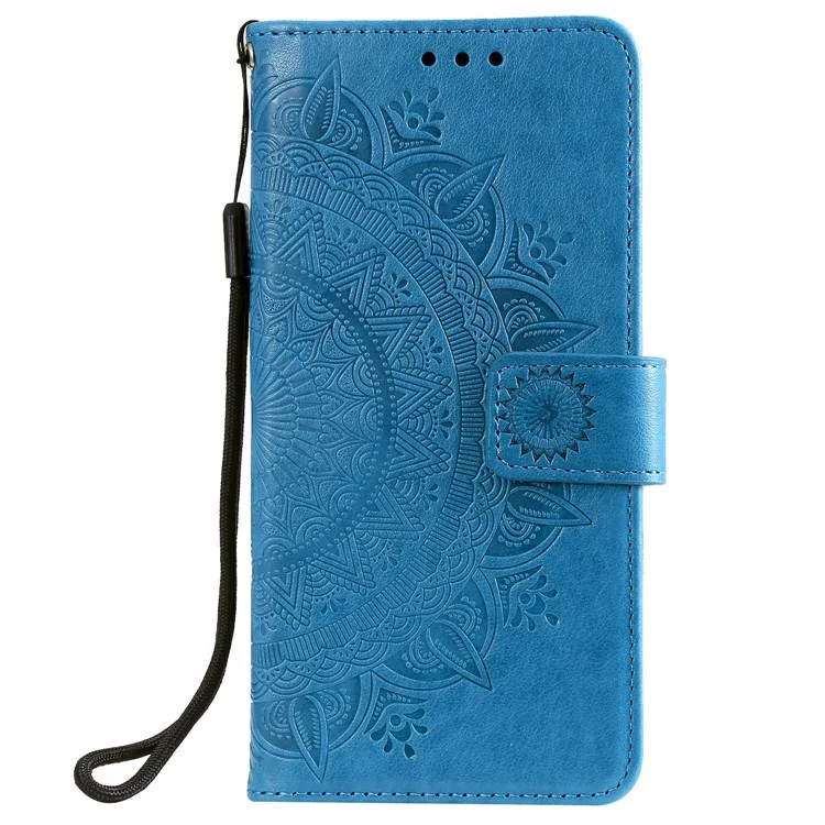 Caixa de Couro da Carteira de Flor Mandala Impressa Com Alça Para o Samsung Galaxy A02s (164.2x75.9x9.1mm) - Azul