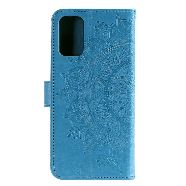 Caixa de Couro da Carteira de Flor Mandala Impressa Com Alça Para o Samsung Galaxy A02s (164.2x75.9x9.1mm) - Azul