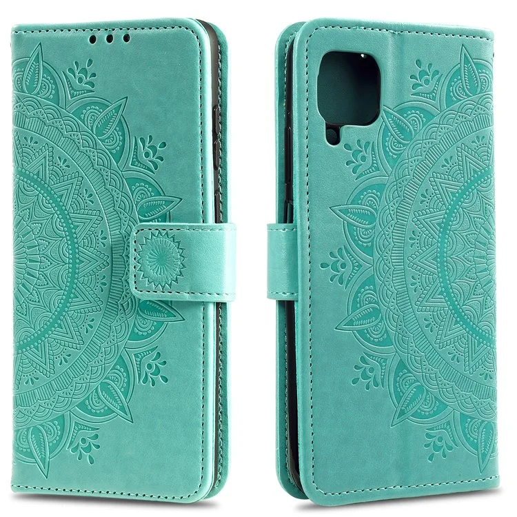 Imprinted Mandala Flower Wallet Leather Case with Strap for Samsung Galaxy A12/M12 - Green