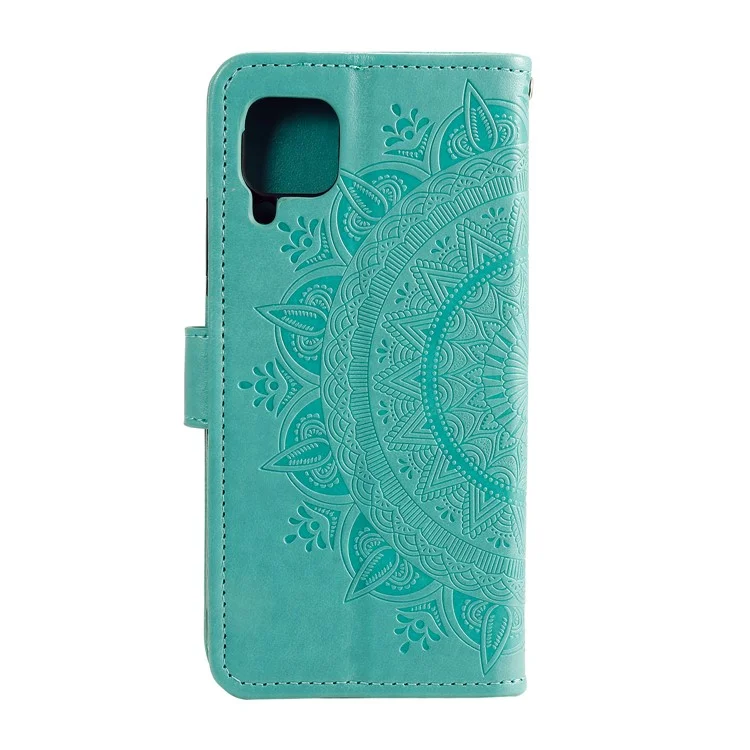 Imprinted Mandala Flower Wallet Leather Case with Strap for Samsung Galaxy A12/M12 - Green