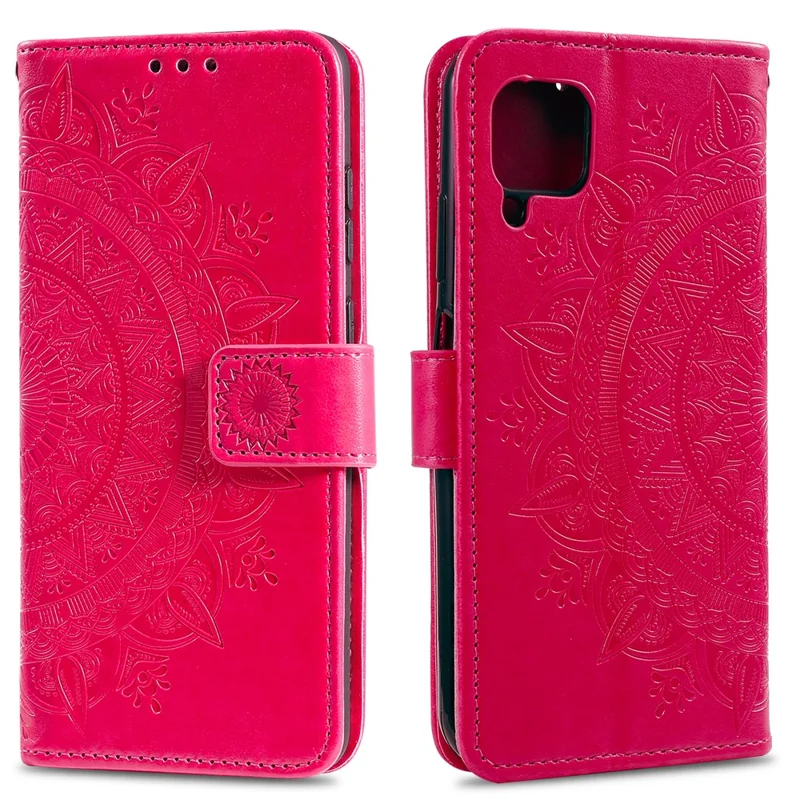 Imprinted Mandala Flower Wallet Leather Case with Strap for Samsung Galaxy A12/M12 - Red