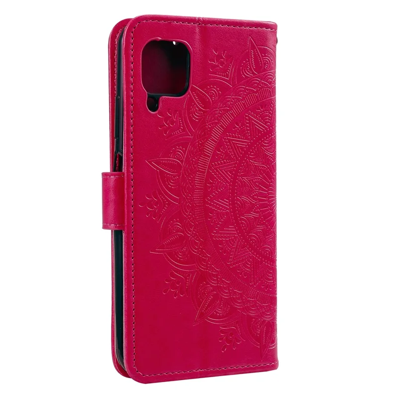 Imprinted Mandala Flower Wallet Leather Case with Strap for Samsung Galaxy A12/M12 - Red