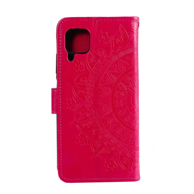 Imprinted Mandala Flower Wallet Leather Case with Strap for Samsung Galaxy A12/M12 - Red