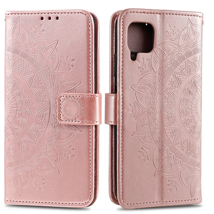 Funda de Cuero con Estampado de Mandala Flor y Correa para Samsung Galaxy A12/M12 - Oro Rosa