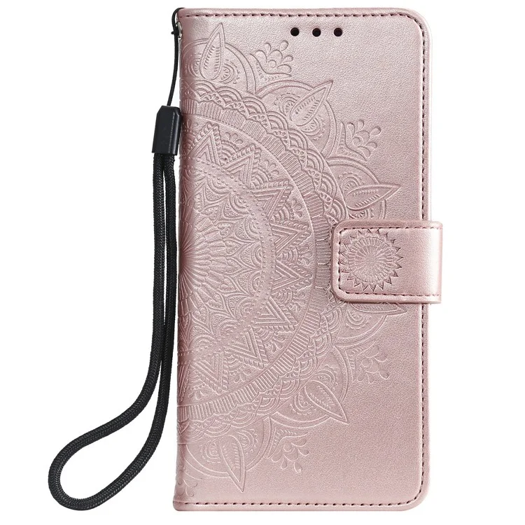 Funda de Cuero con Estampado de Mandala Flor y Correa para Samsung Galaxy A12/M12 - Oro Rosa