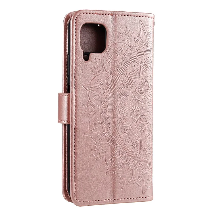 Funda de Cuero con Estampado de Mandala Flor y Correa para Samsung Galaxy A12/M12 - Oro Rosa