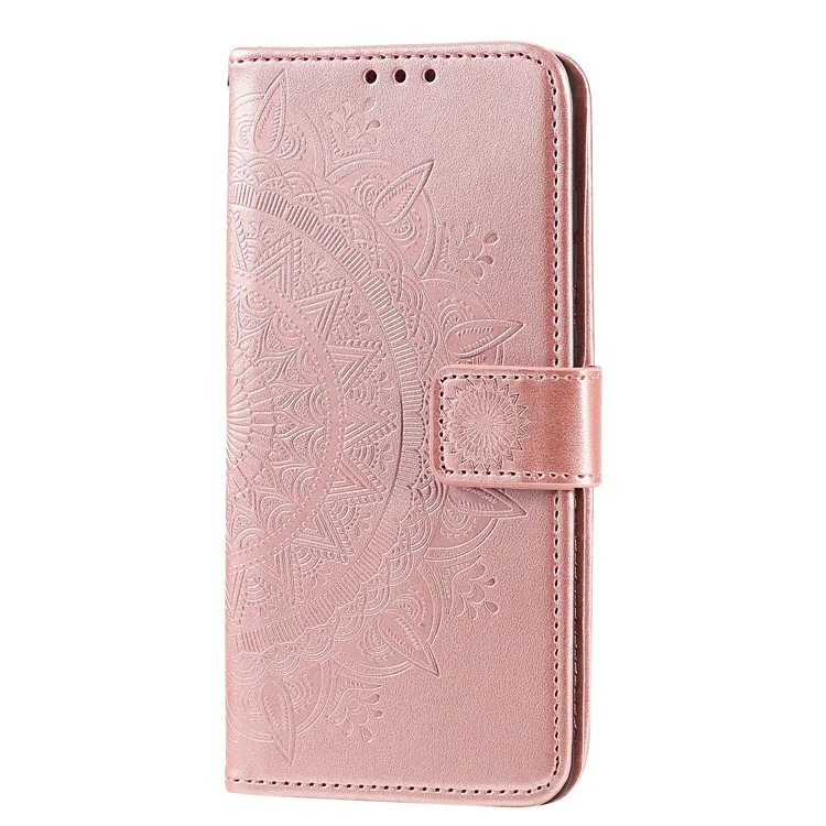 Funda de Cuero con Estampado de Mandala Flor y Correa para Samsung Galaxy A12/M12 - Oro Rosa