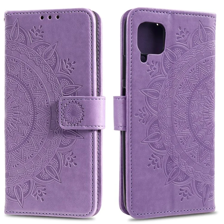 Carteira de Couro com Flor de Mandala Impressa com Alça para Samsung Galaxy A12/M12 - Roxo