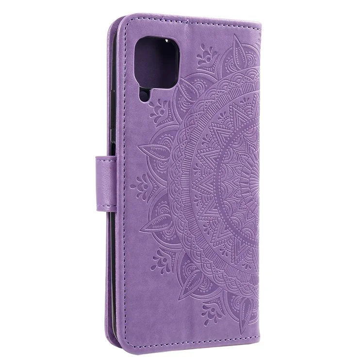 Carteira de Couro com Flor de Mandala Impressa com Alça para Samsung Galaxy A12/M12 - Roxo
