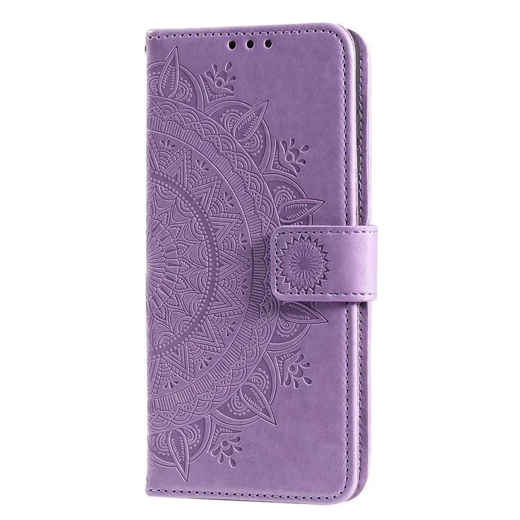 Carteira de Couro com Flor de Mandala Impressa com Alça para Samsung Galaxy A12/M12 - Roxo