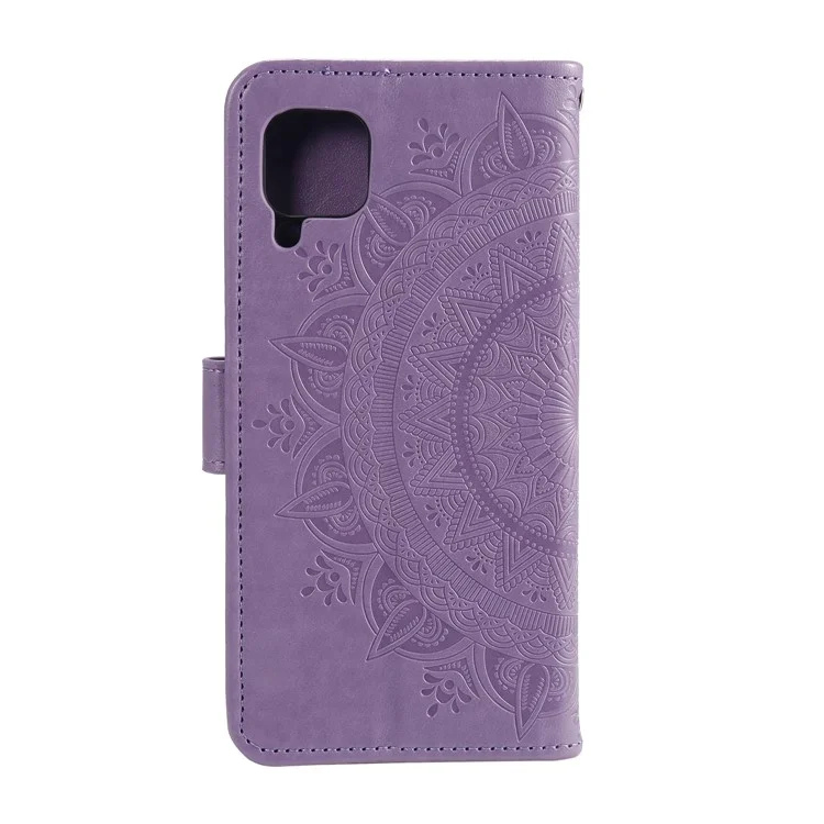 Carteira de Couro com Flor de Mandala Impressa com Alça para Samsung Galaxy A12/M12 - Roxo