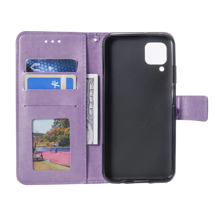 Carteira de Couro com Flor de Mandala Impressa com Alça para Samsung Galaxy A12/M12 - Roxo